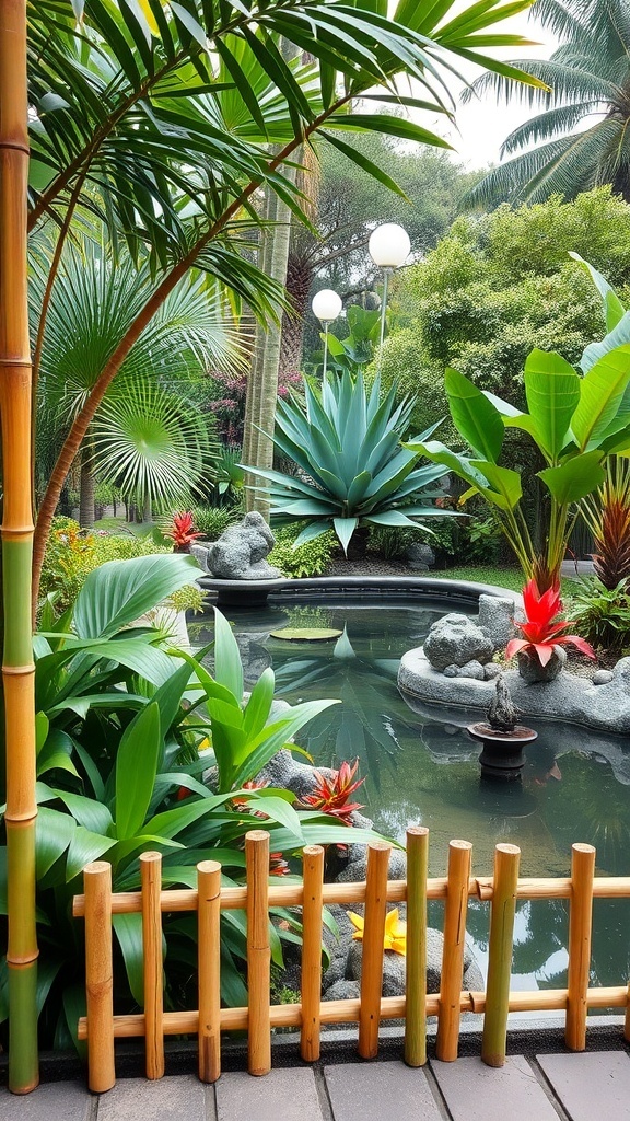 A bamboo fence edging surrounding a tranquil pond with lush plants and decorative stones.
