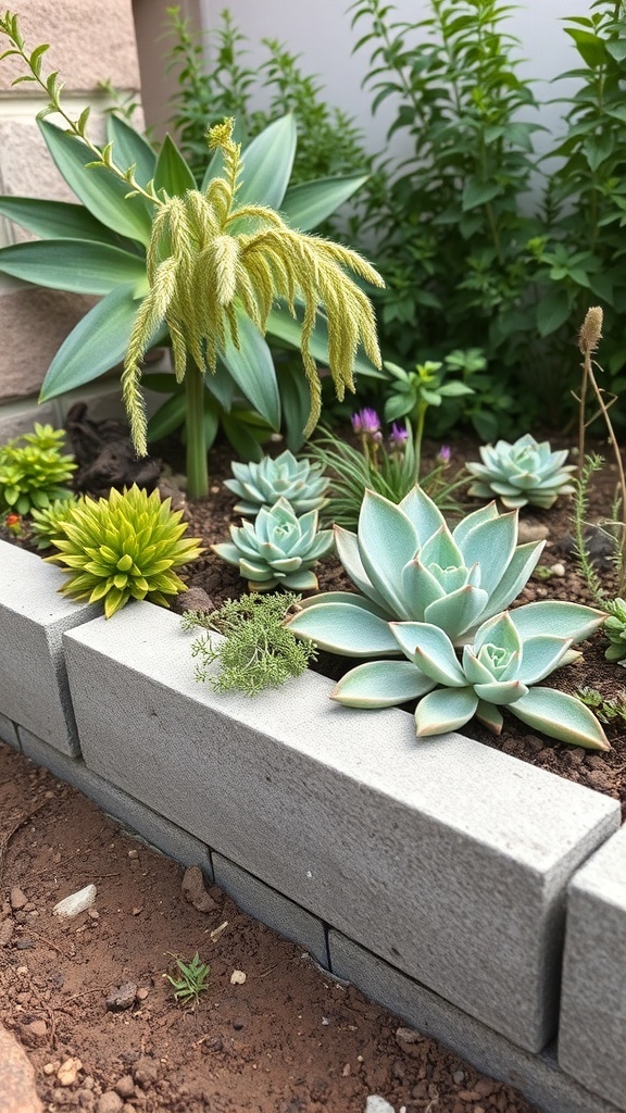 Cinder block edging surrounding a variety of succulents in a garden