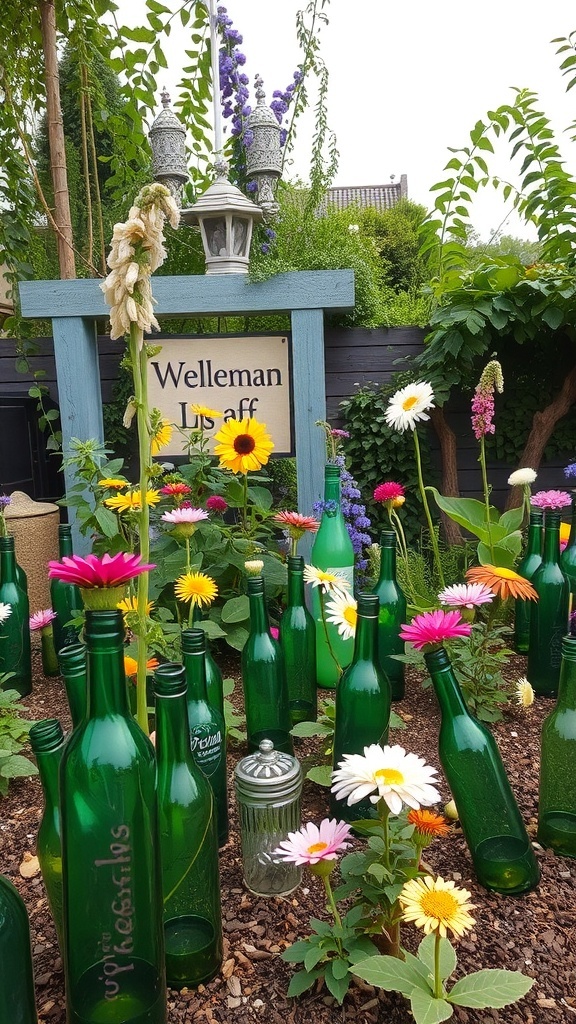 A garden with green glass bottles used as borders, surrounded by colorful flowers.