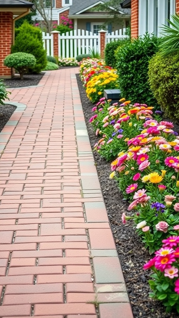 A brick pathway bordered by colorful flowers in a garden setting.
