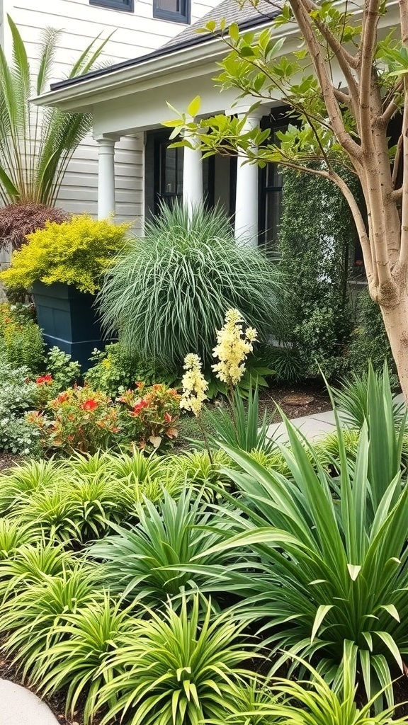A front yard with layered planting techniques featuring various plants, including tall greenery, colorful flowers, and shrubs.