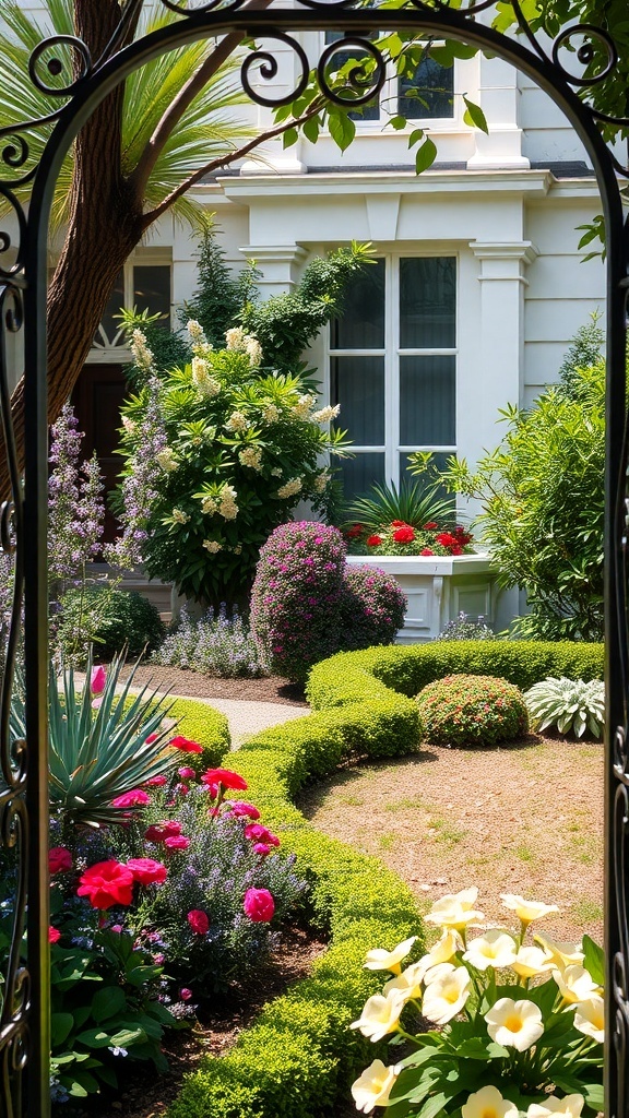 A beautiful garden with vibrant flowers and lush greenery framed by elegant wrought iron edging.