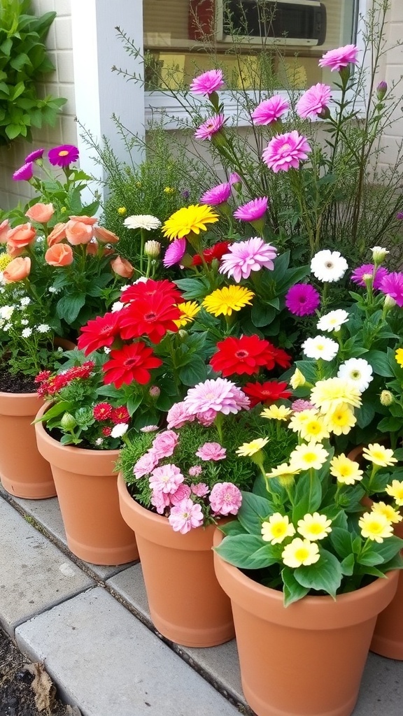 Colorful flowerbed with terracotta pots filled with various flowers