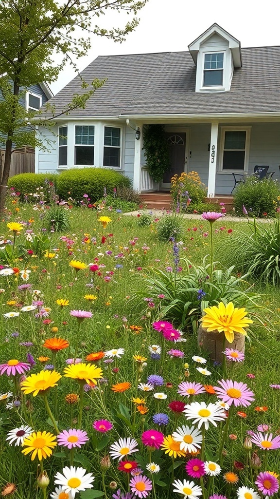 A front yard filled with colorful wildflowers surrounding a cozy home.