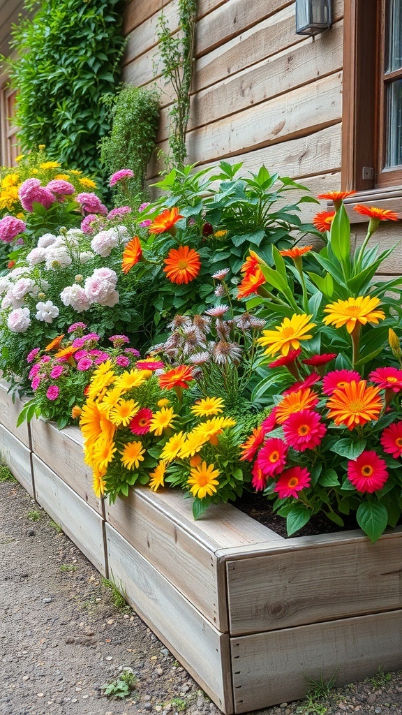 A flowerbed bordered by wooden sleepers, featuring vibrant flowers in various colors.