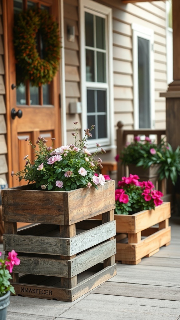 Wooden crates used as planters on a front porch with colorful flowers.
